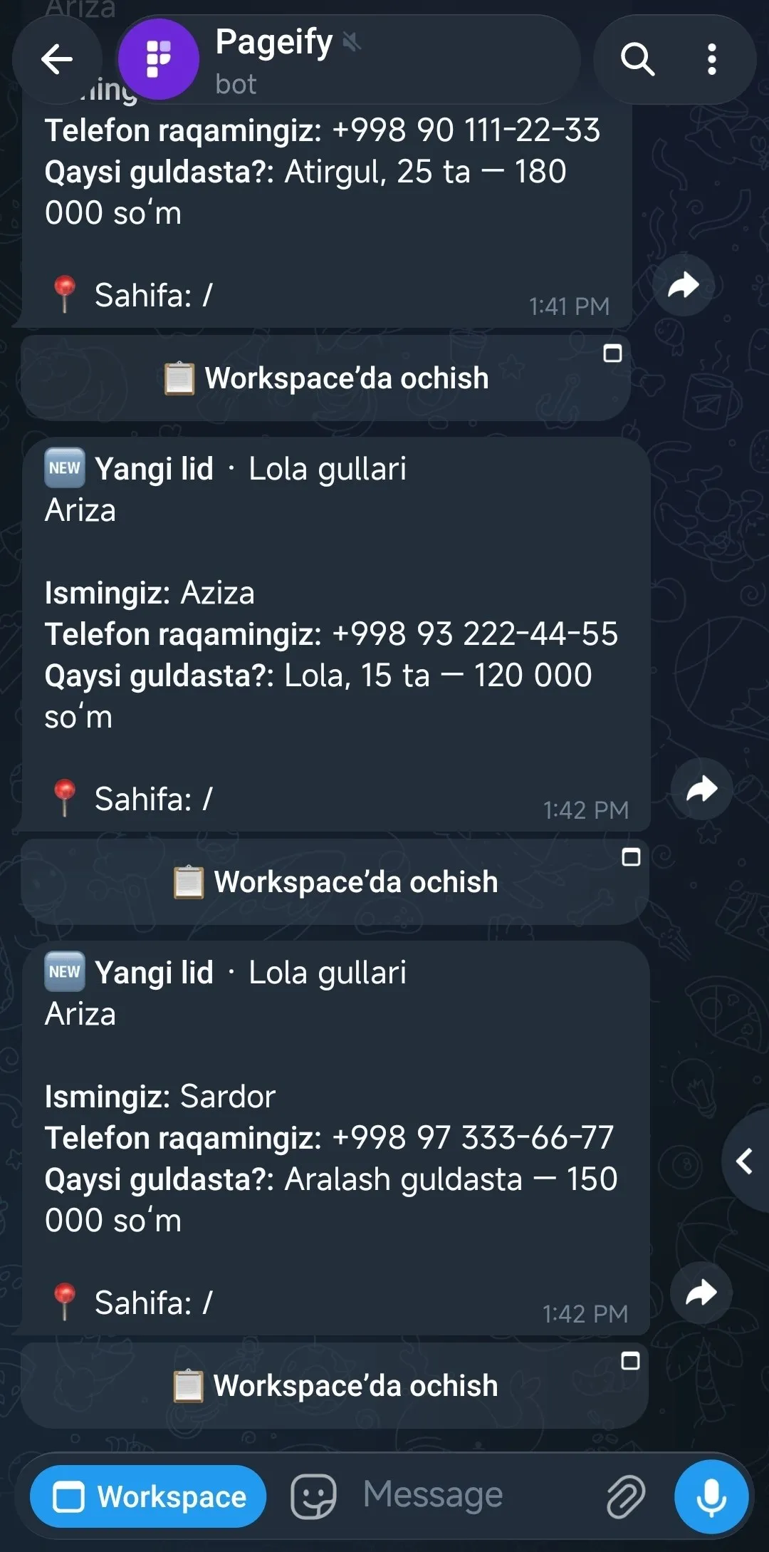 Заявки, пришедшие в Telegram